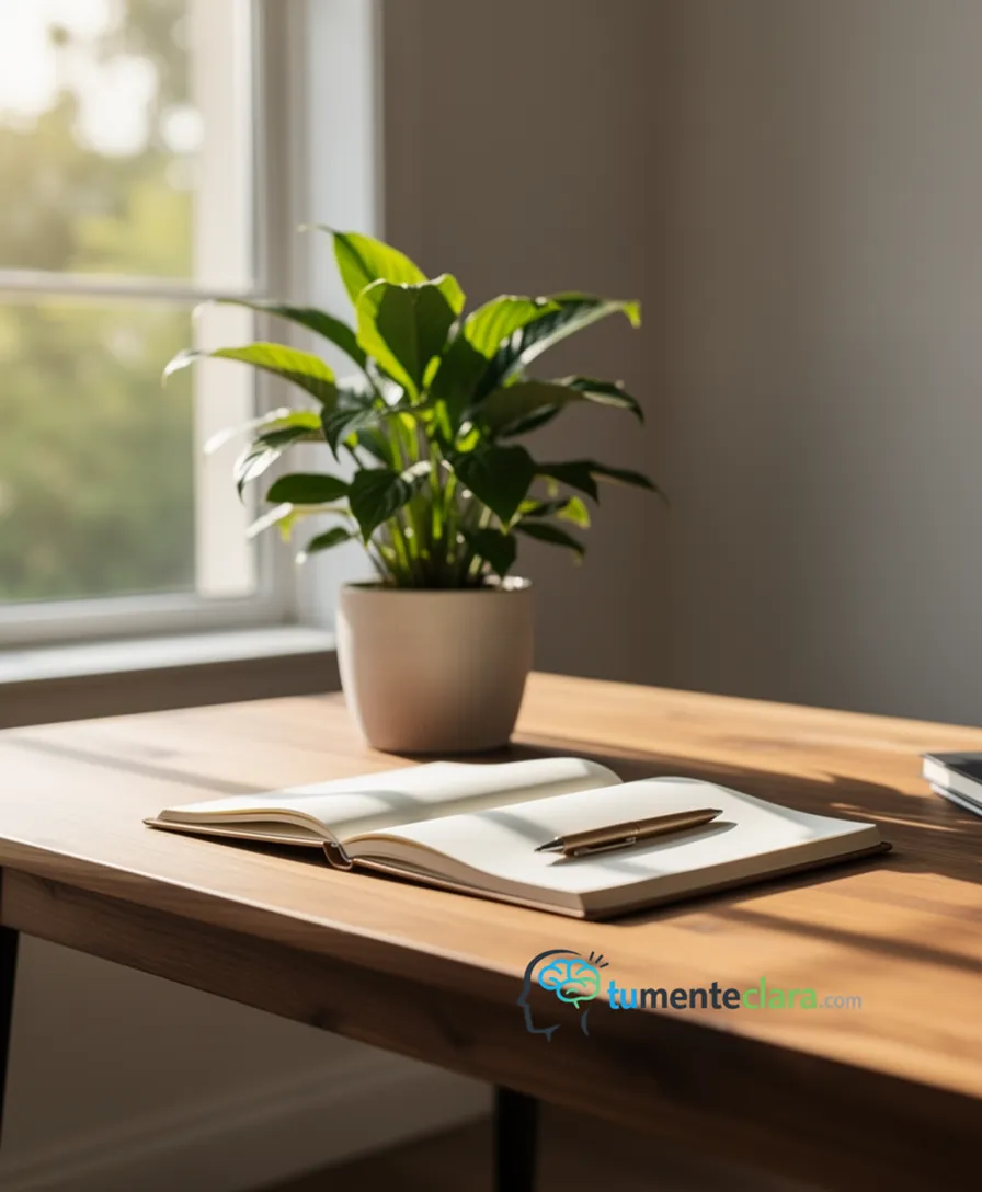 a serene, sunlit study with a closed laptop beside a thriving potted plant.