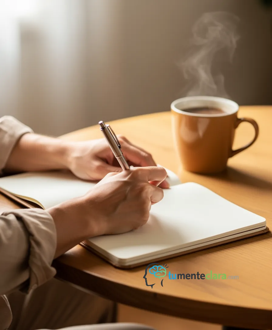 a person's hands writing affirmations in a journal with morning coffee nearby.
