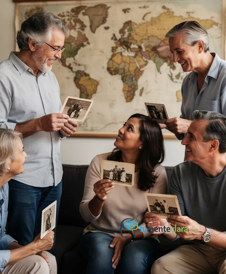 A diverse group of people holding vintage family photographs against a textured map.