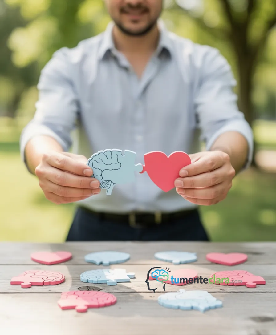 A person connecting puzzle pieces shaped like brains and hearts.
