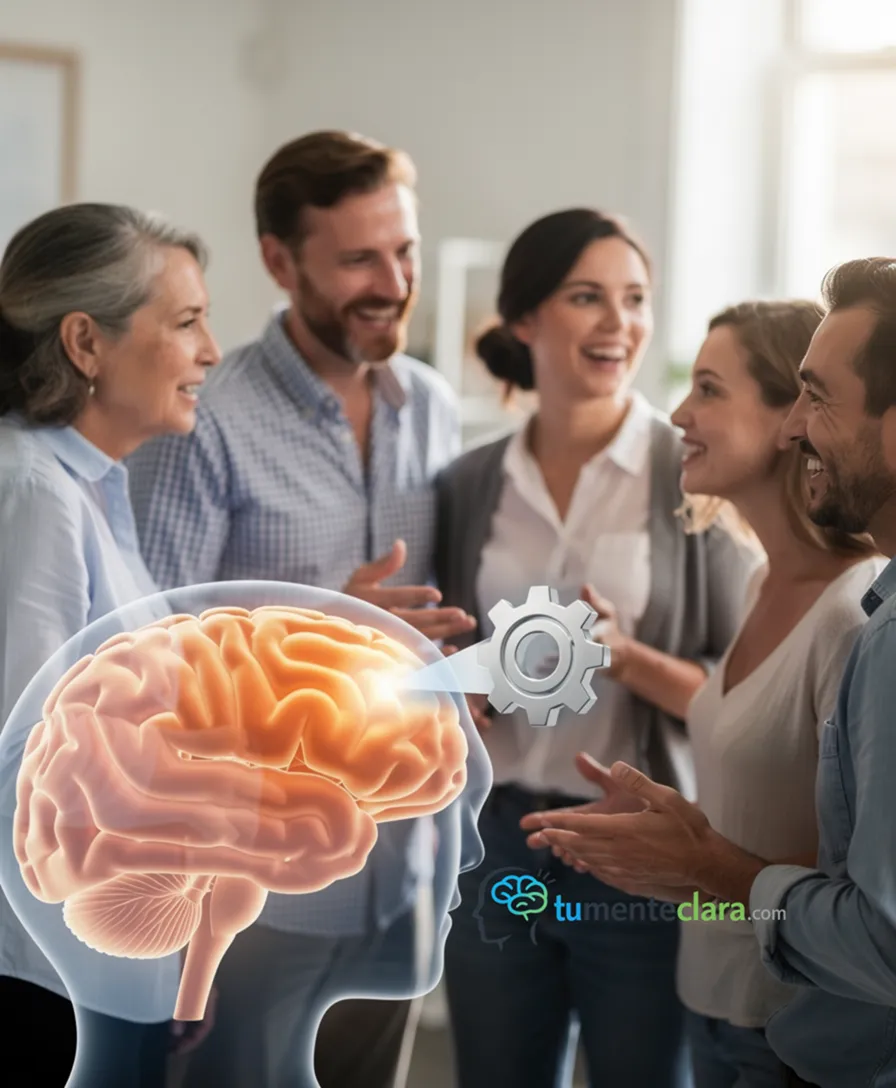 A brain illustration with highlighted frontal area, connected to a speech bubble and a gear.