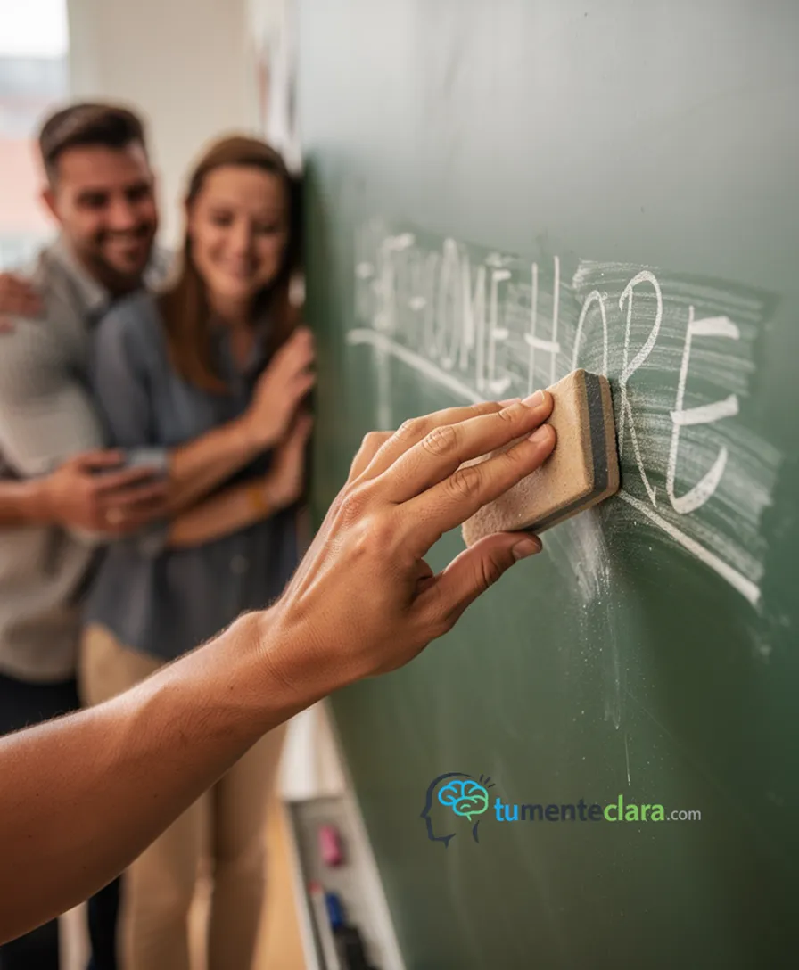 A hand erasing the word