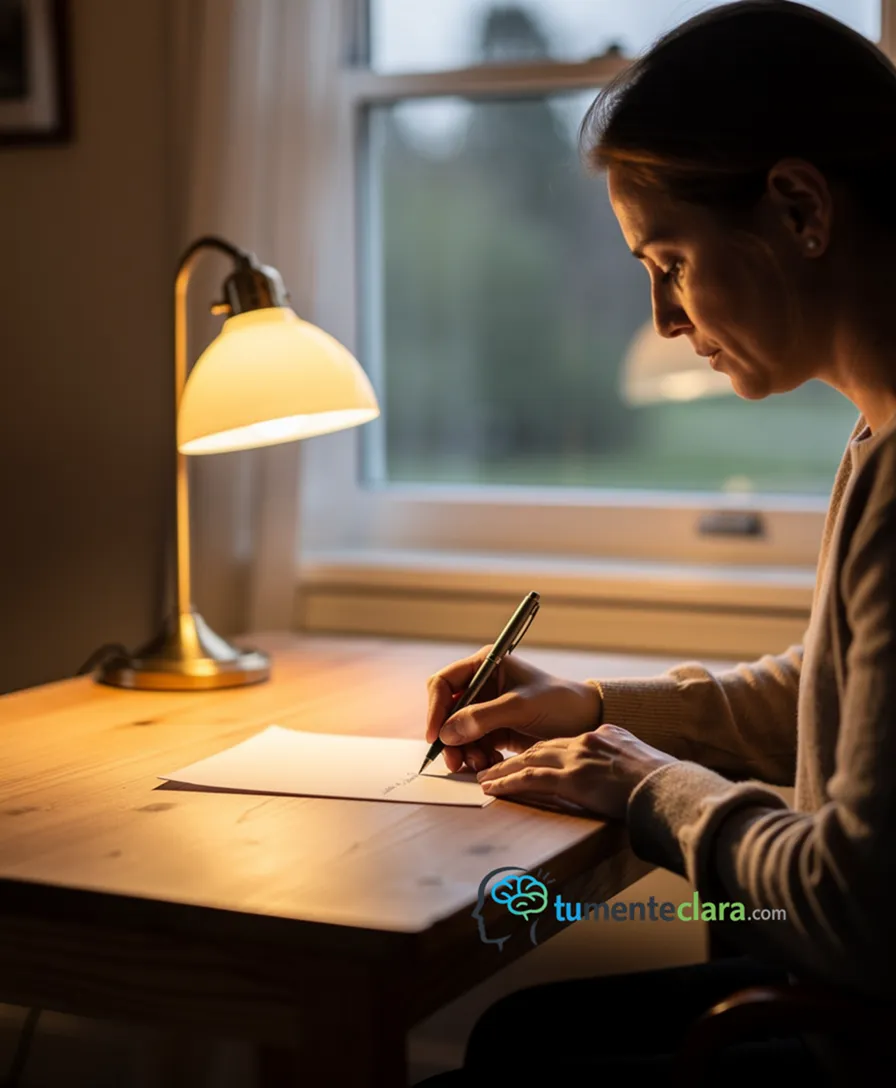 a person writing a heartfelt message on paper by lamplight.