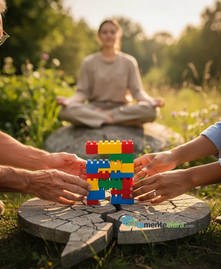 diverse hands stacking interlocking bricks over a cracked, faded speech bubble.