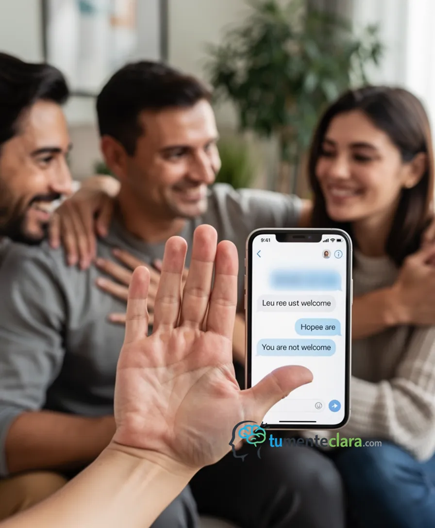 a hand blocking a glowing phone displaying hostile messages.