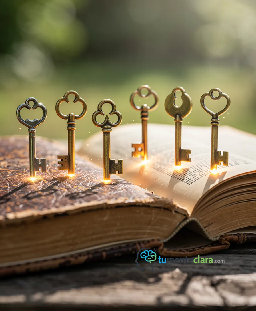 Seven distinct, glowing keys unlocking a large, ancient book.