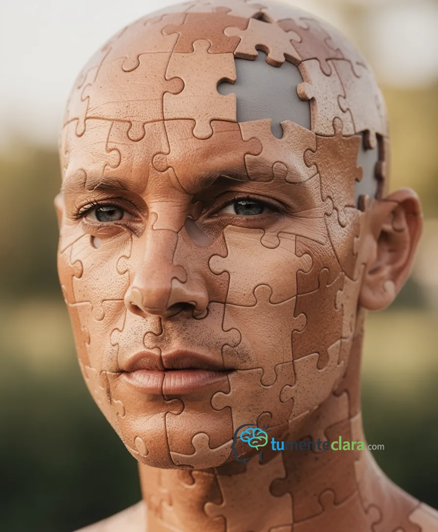 A person's head with puzzle pieces forming a distorted, incomplete face.