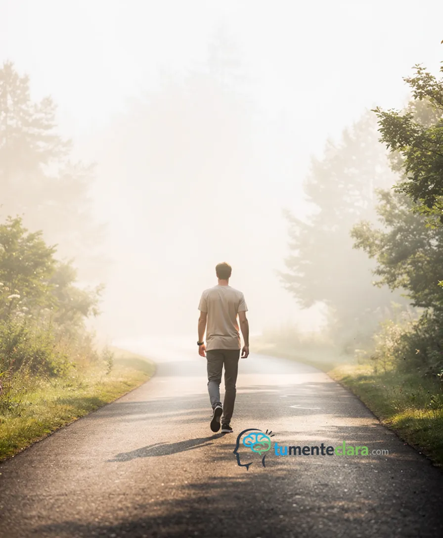 a winding road fading into fog, with a lit path maintained behind a person.