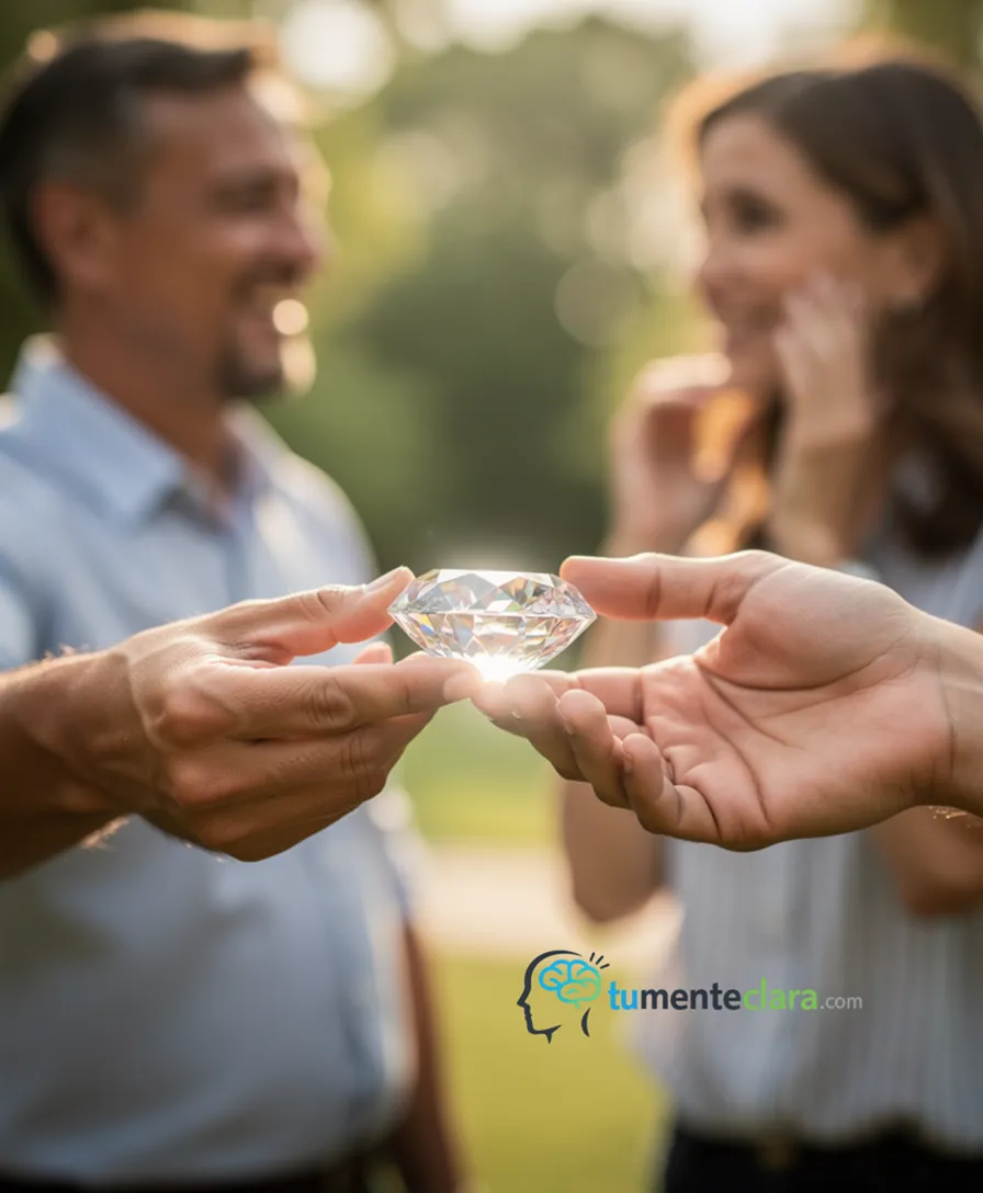 two hands confidently exchanging a glowing, crystal-clear gem.