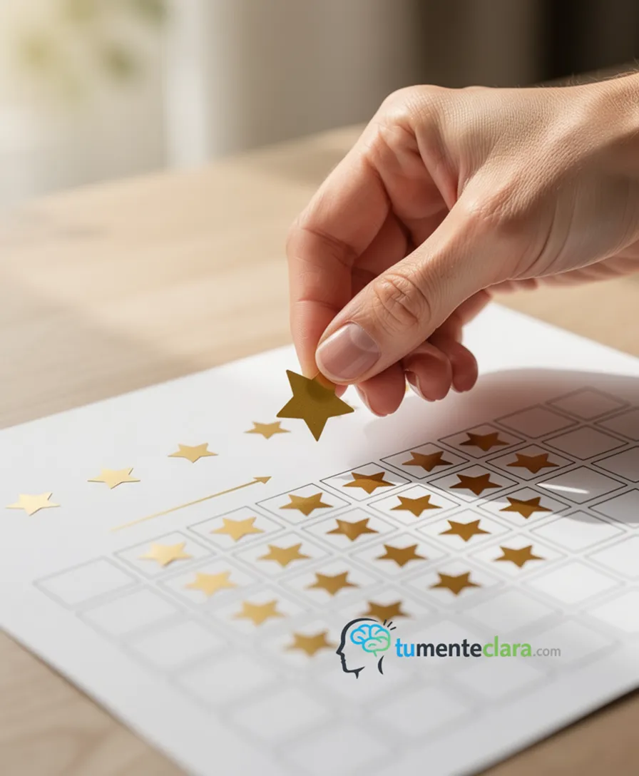 A hand placing a gold star onto a simple, growing habit tracker chart.