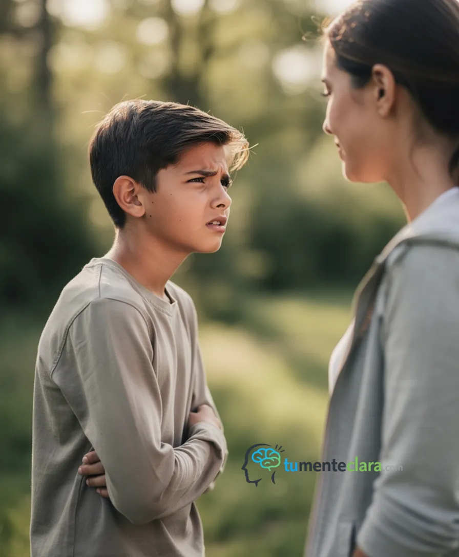 a frustrated teenager turning away while an adult calmly observes nearby.