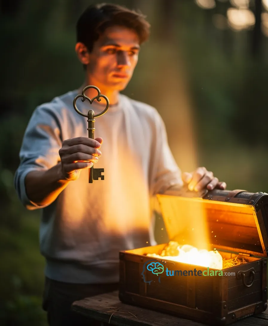 A person holding an old-fashioned key before an open chest filled with glowing light.