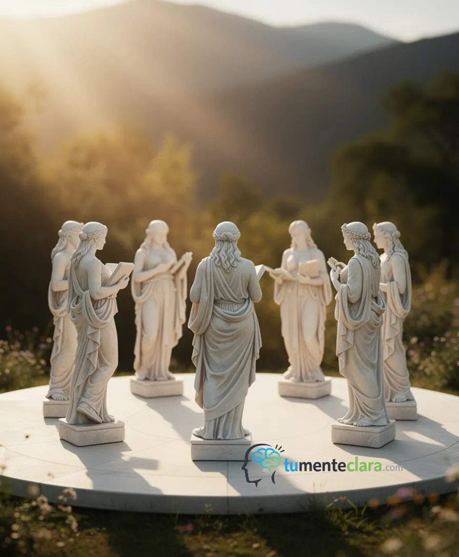 Ten classical statues of goddesses arranged in a celestial circle.