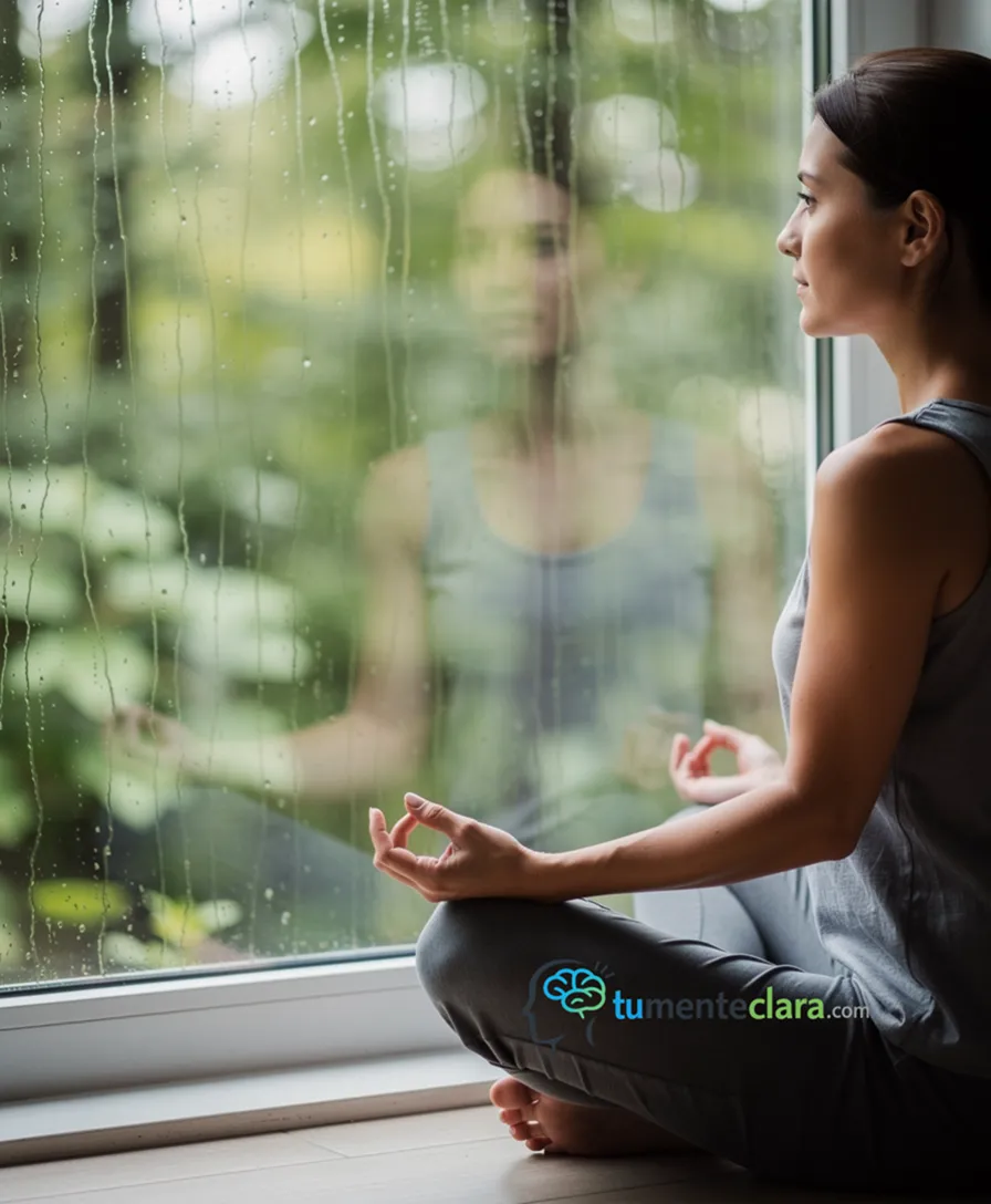 A person looking out a rain-streaked window, their reflection appearing faded.