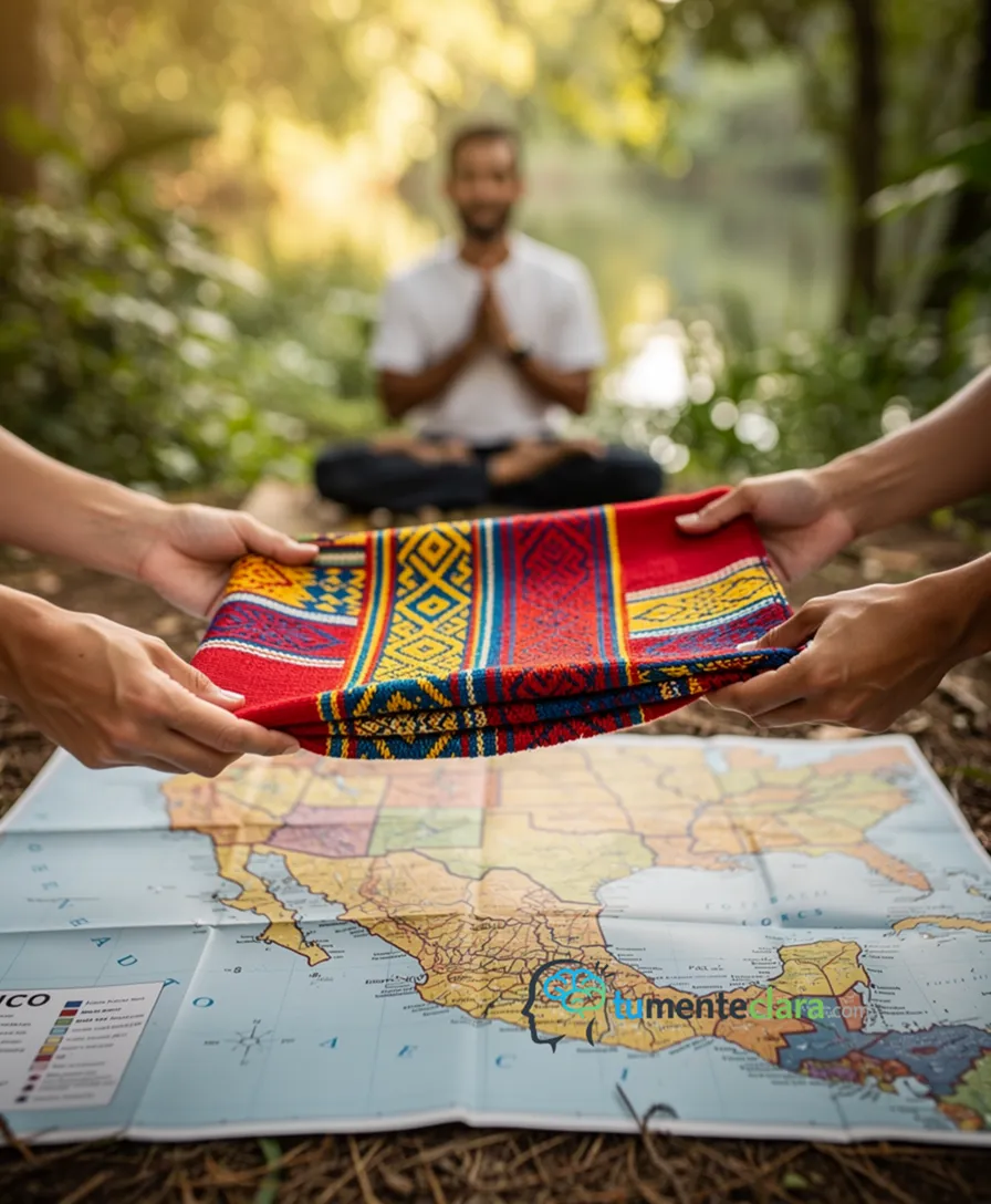 Two hands exchanging a vibrant traditional textile over a map of Mexico.