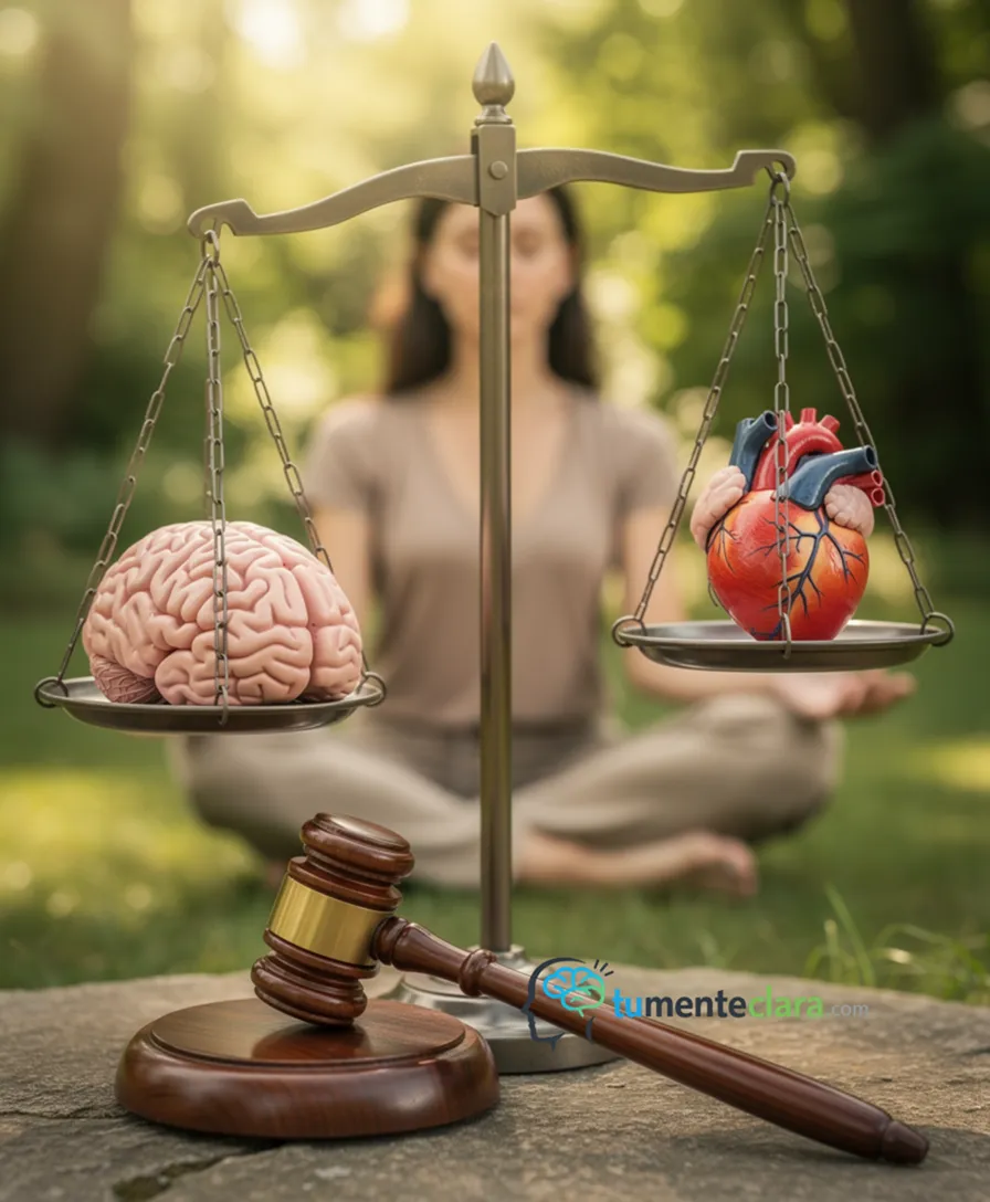 a balanced scale holding a brain, heart, and gavel.