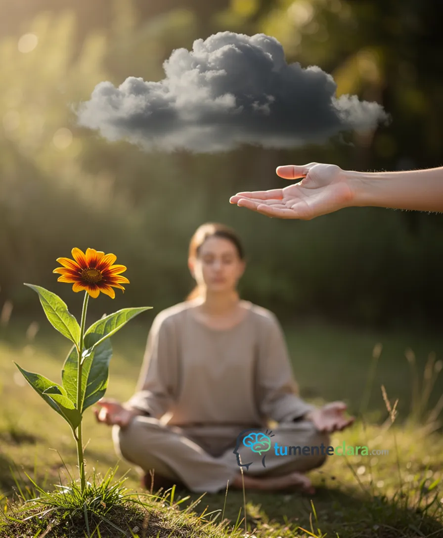 a hand gently redirecting a dark cloud towards a blooming flower.