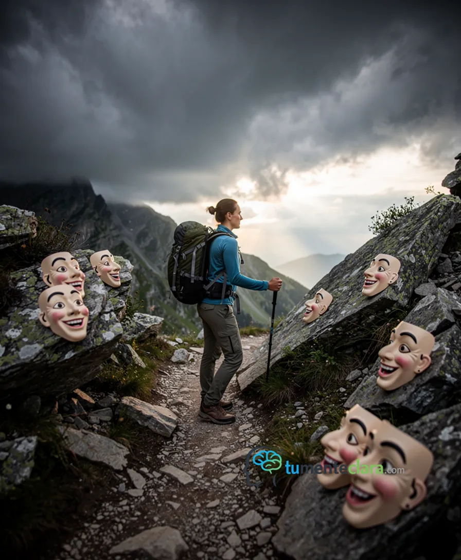 A person climbing a rocky path past smiling masks and dark clouds.