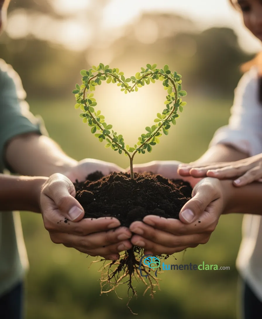 A person's hands gently holding a glowing, heart-shaped plant growing from soil.