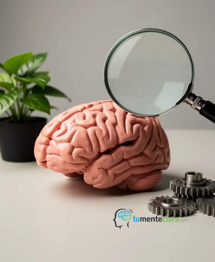 A magnifying glass over a brain, surrounded by everyday objects like a plant and gears.
