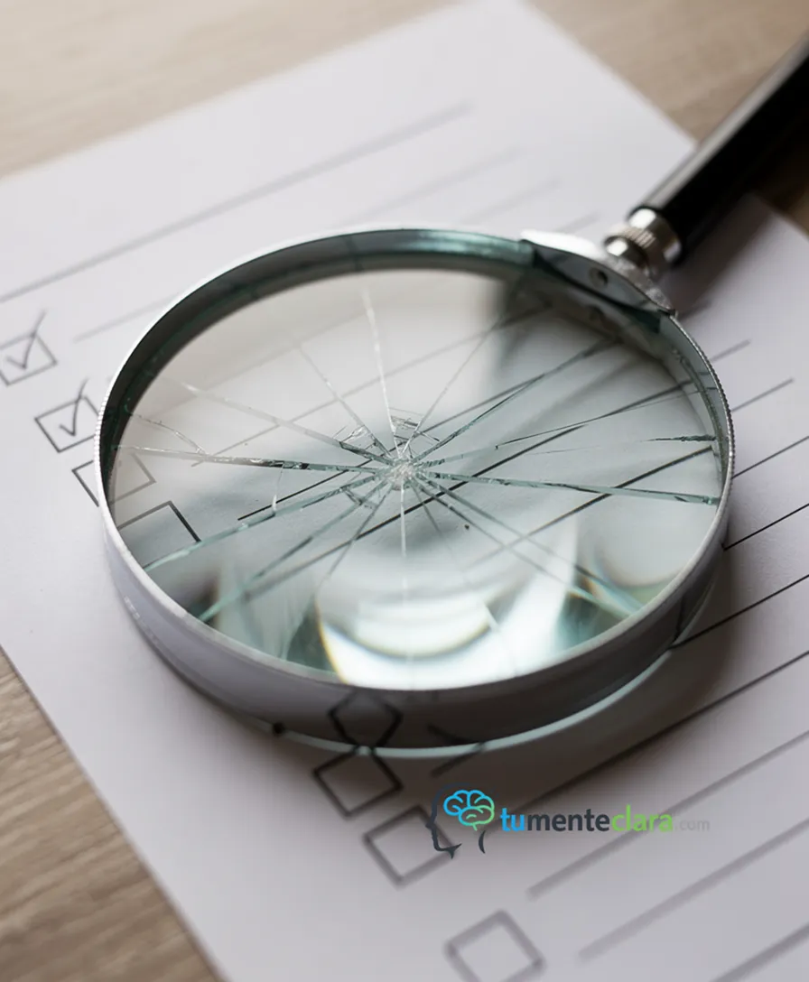 A cracked magnifying glass over a document, with one intact lens focusing on a checklist.