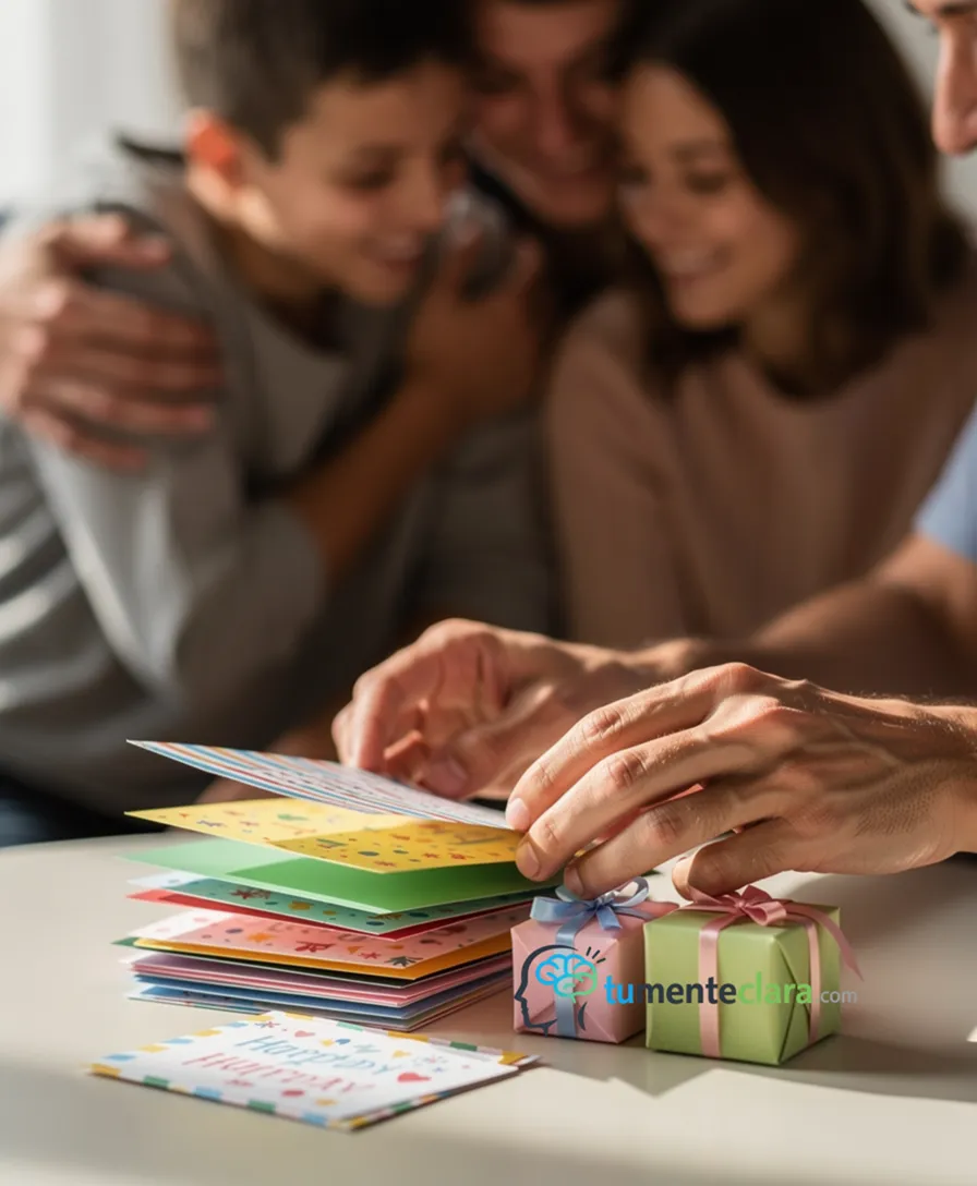 a person's hands arranging colorful birthday cards and small meaningful gifts.