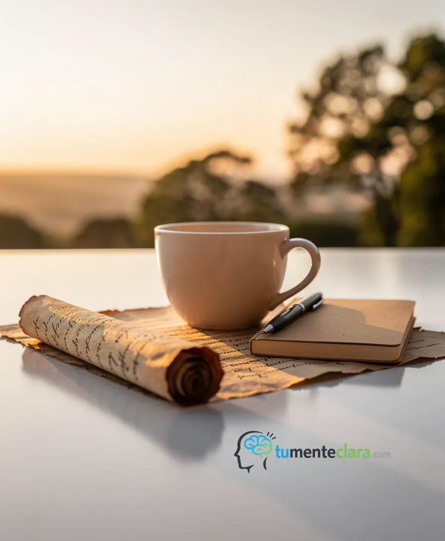 an ancient scroll transforming into modern, everyday objects like a coffee cup and notebook.