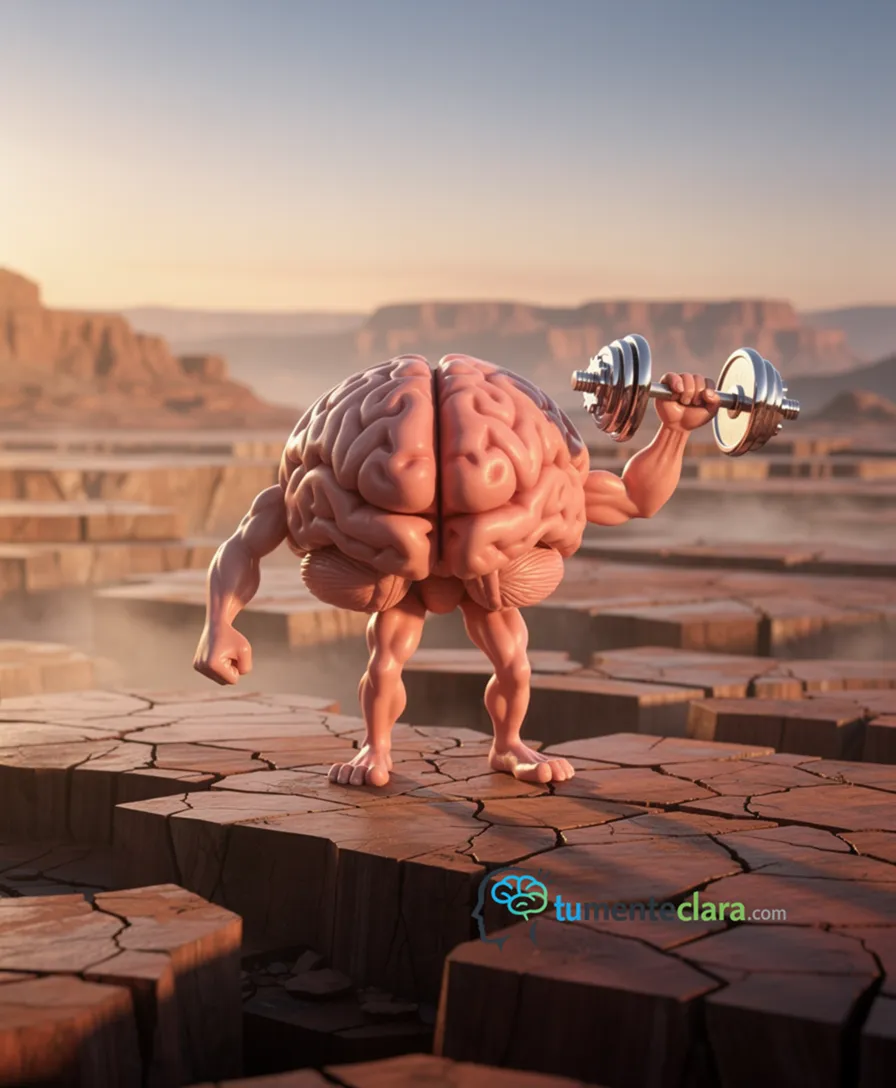 A brain lifting a dumbbell while standing on shifting tectonic plates.