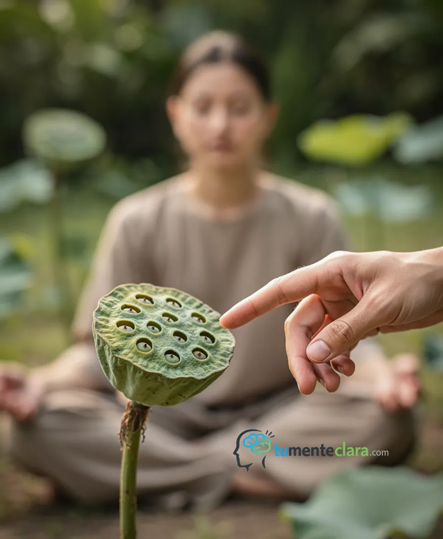 a hand gradually approaching a lotus pod with many holes.