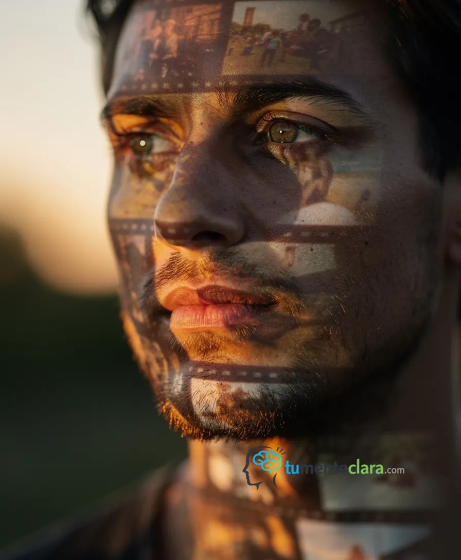 a person's thoughtful face, half-lit by projected film scenes.