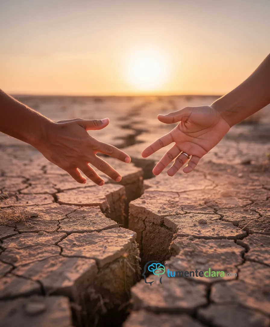 Two hands gently bridging a crack in a dry, fractured landscape.