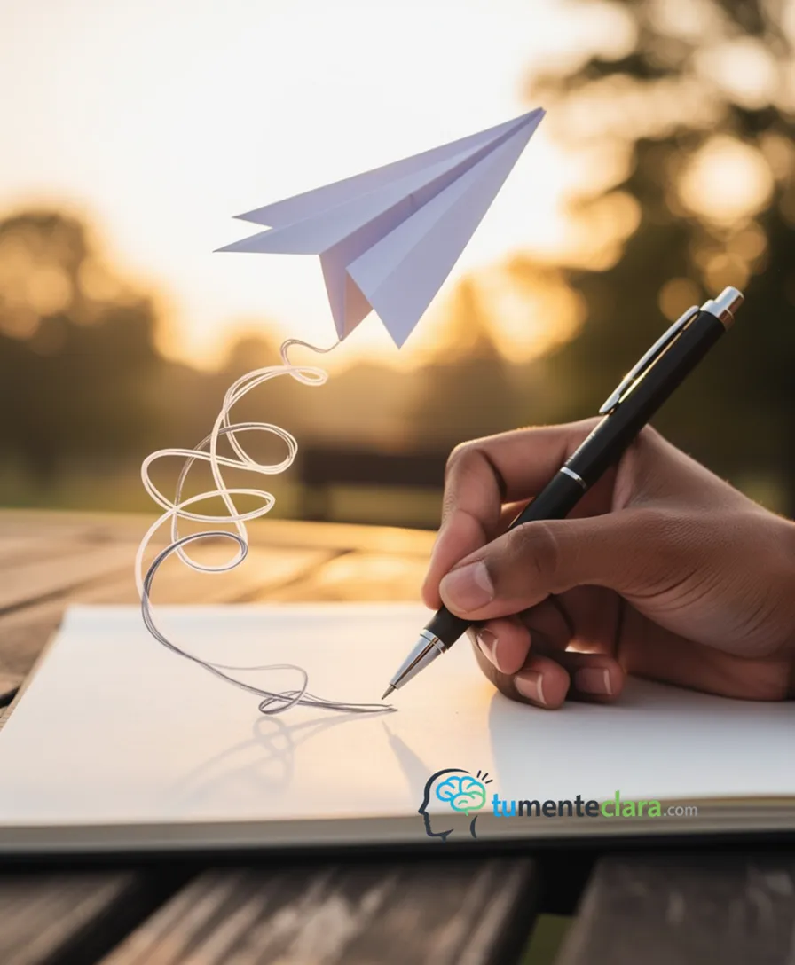 A student's hand writing a powerful phrase that transforms into a soaring paper airplane.