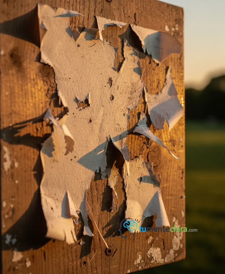 A ripped inspirational poster with clichéd phrases spilling out.