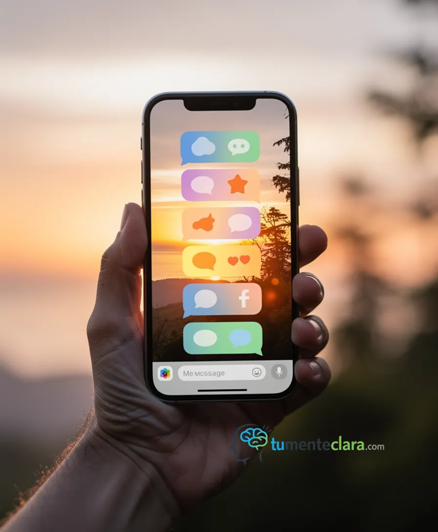 a hand holding a phone displaying a sunrise over a messaging app with colorful  bubbles.