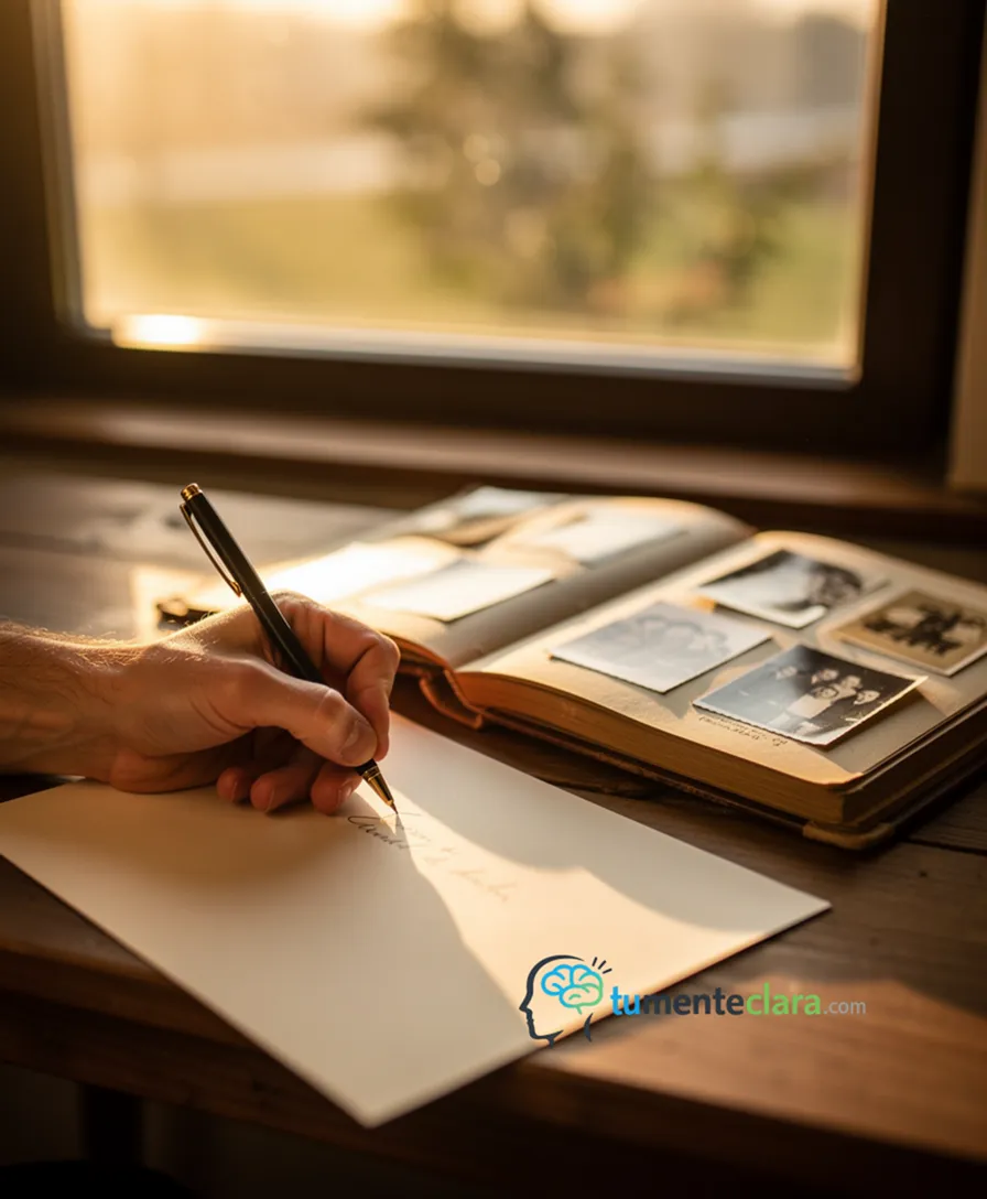 a hand writing a heartfelt note beside an open, vintage family photo album.