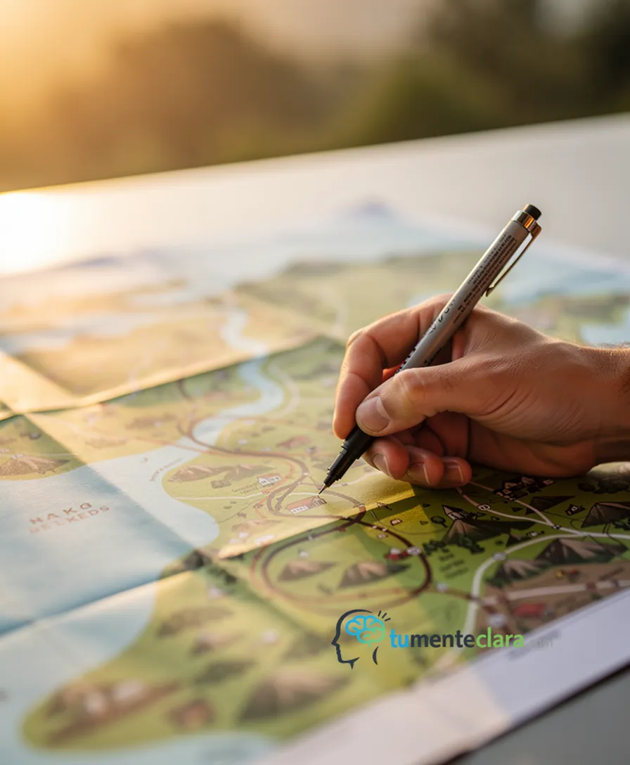 A person's hand marking a winding path on a colorful, stylized map.