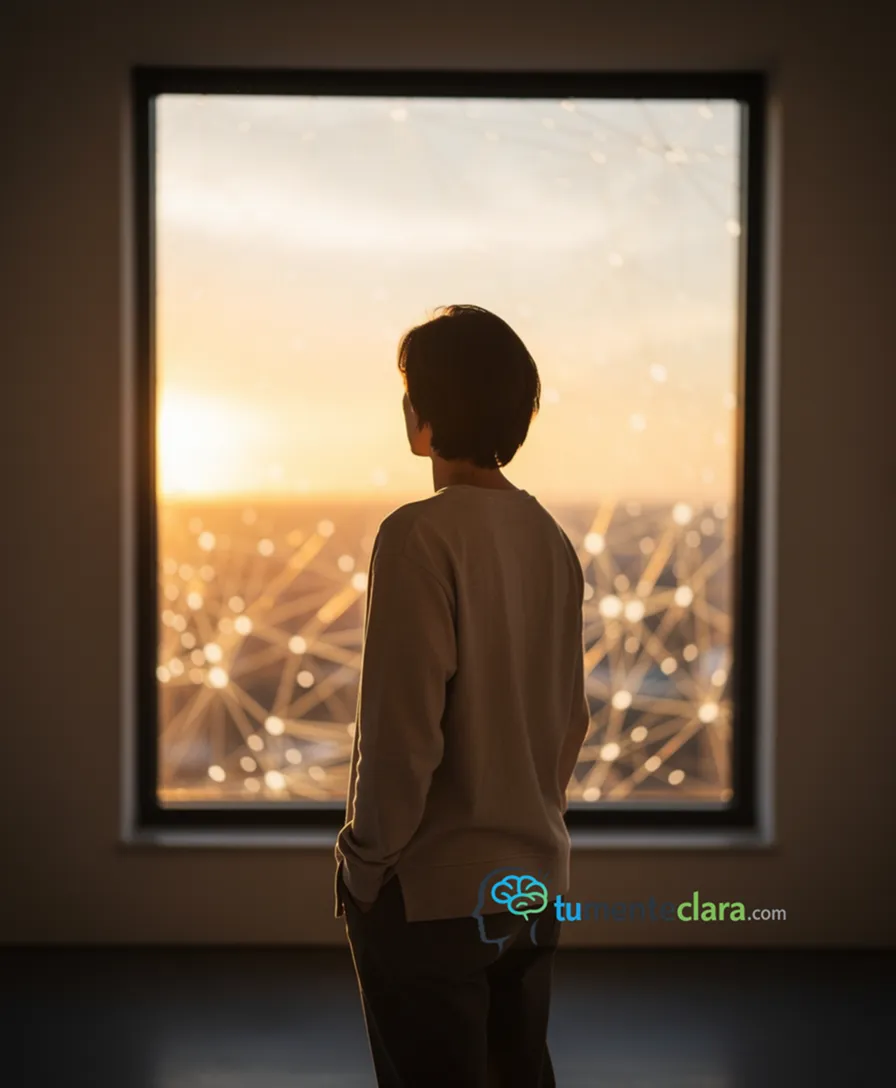 a person alone in a room, facing a window glowing with interconnected light nodes.