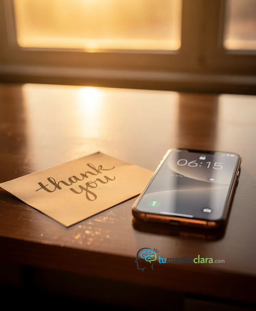 a handwritten thank you note next to a glowing smartphone on a wooden desk.