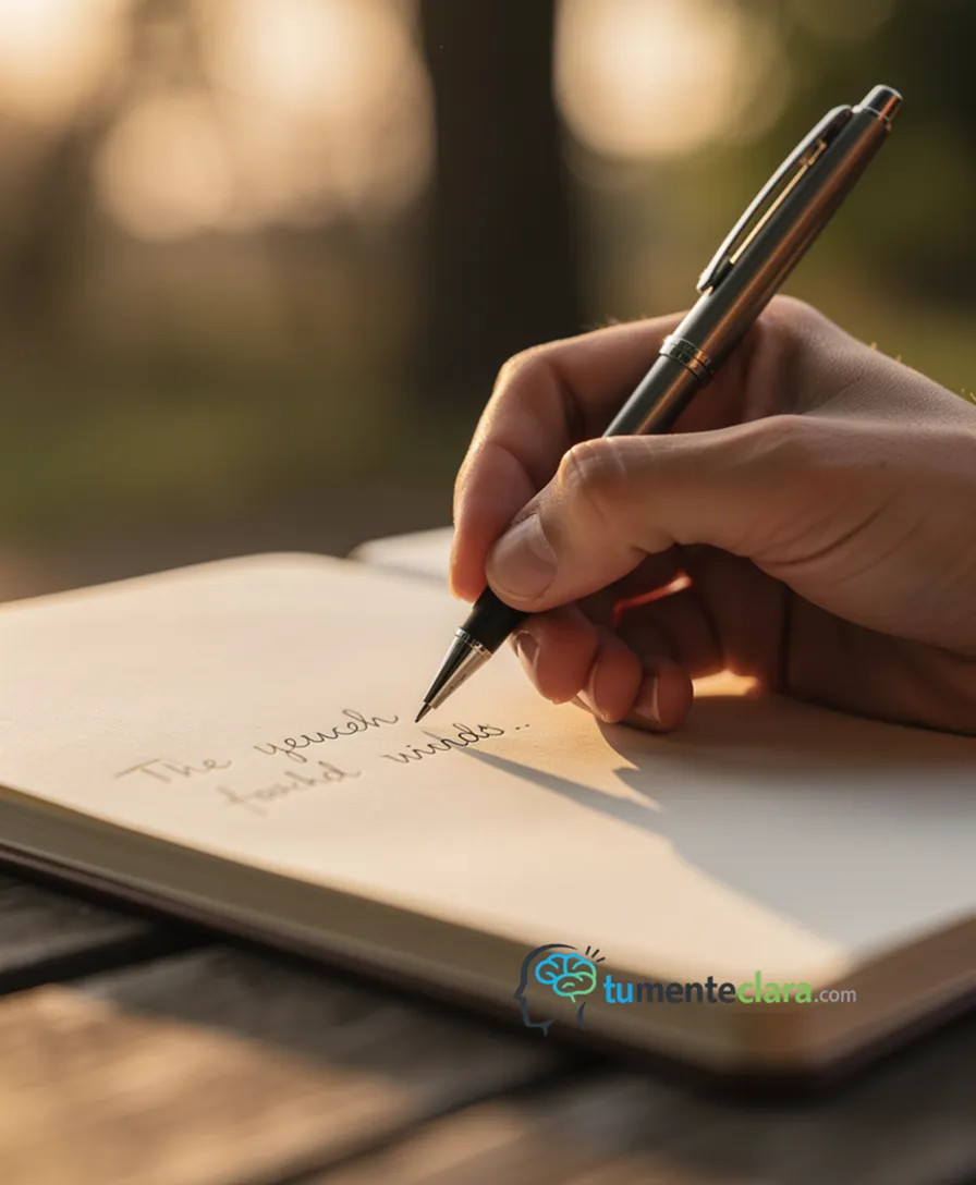 a person's hand writing a philosophical phrase in a notebook.