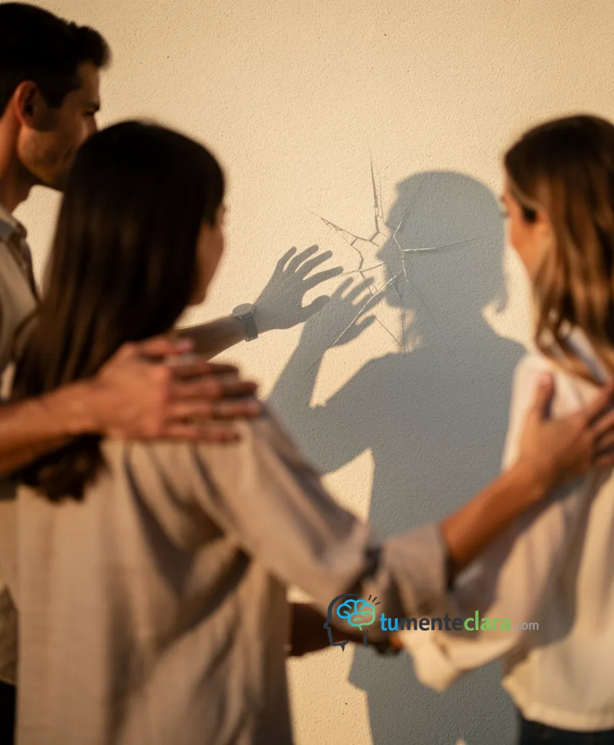a person's shadow manipulating a second shadow that is beginning to fracture.