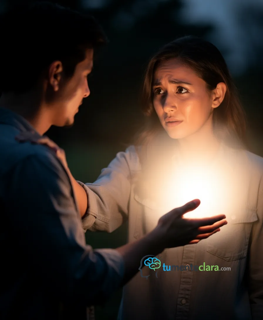 a person fading into shadow while another stares at a glowing messaging app.