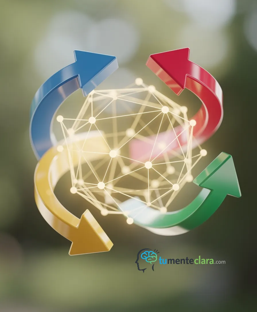 Four distinct arrows curving around a glowing, interconnected network.