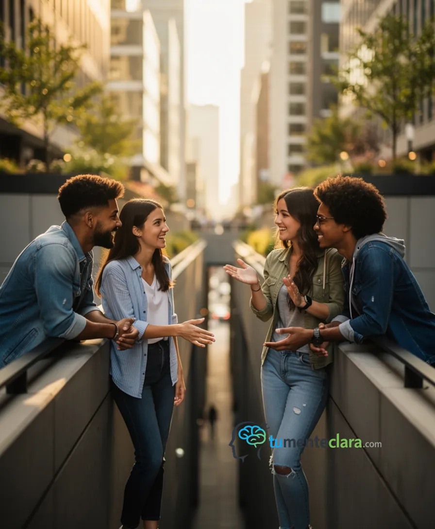 Diverse youth groups communicating across a stylized urban canyon.