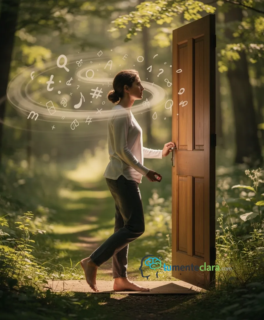 A person frozen before an open door, with scattered thoughts swirling around their head.