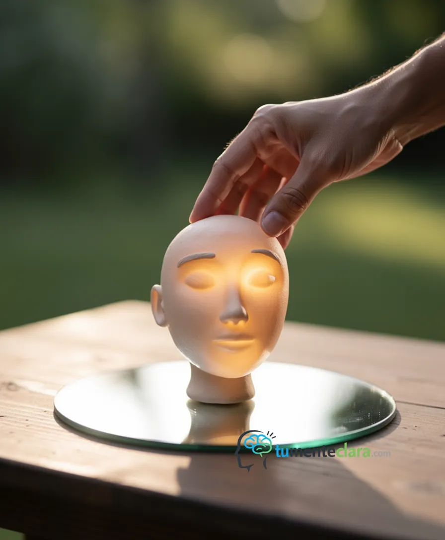 a hand sculpting a glowing, abstract clay face over a mirror.