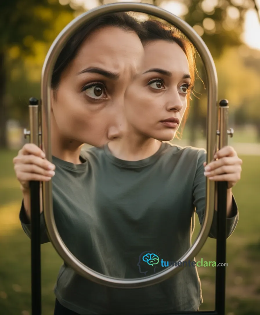 a person looking into a distorted, funhouse mirror reflection.