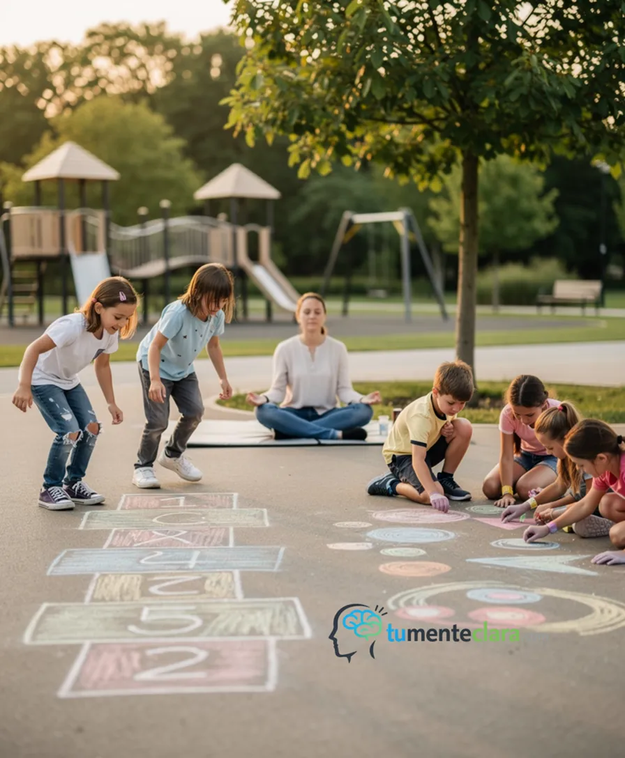 Children playing hopscotch beside kids using chalk on a modern playground.
