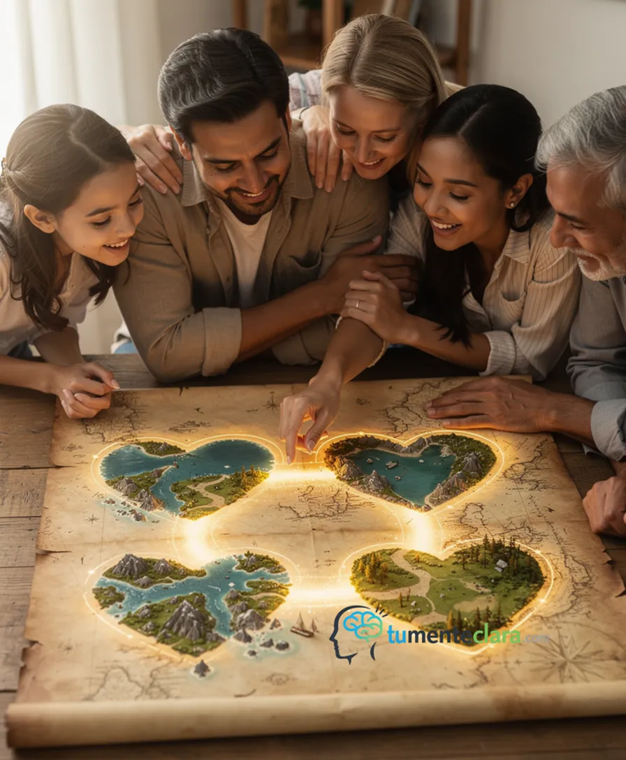 five distinct heart-shaped landmasses connected by glowing pathways on a parchment map.