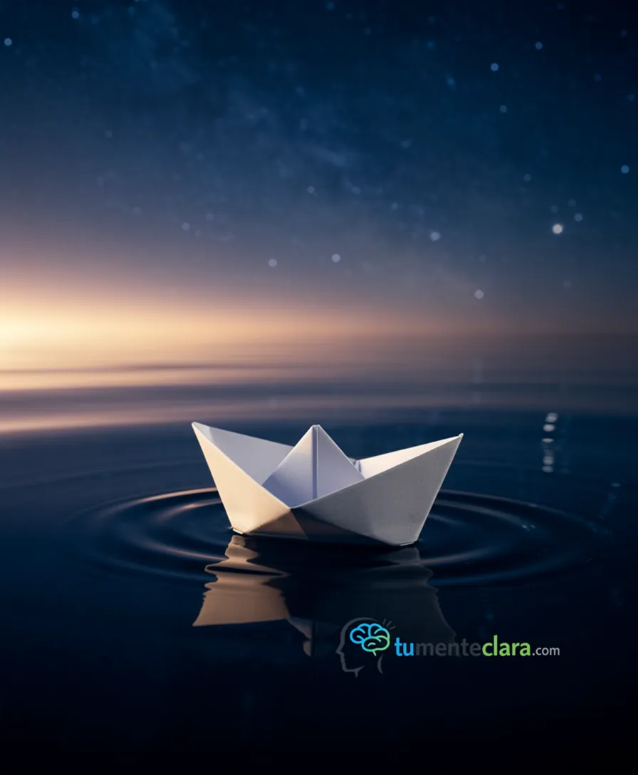 A simple paper boat floating on deep water, reflecting a complex constellation.