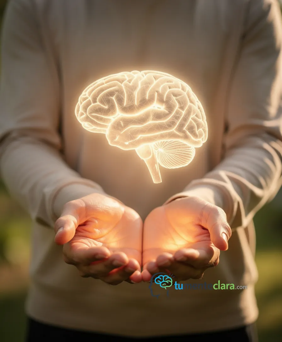 A glowing brain hovering above a person's open hands.